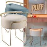 Puff Redondo Ivar em Linho e Base Metal Dourado Agarb Decor Cor:Linho Azul