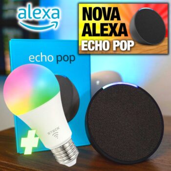 Apresentamos o Echo Pop | Smart speaker compacto com som envolvente e Alexa | Cor Preta + Lâmpada Smarteck 12W