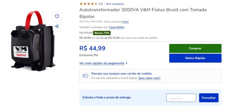 Autotransformador 3000VA V&M Fiolux Bivolt com Tomada Bipolar