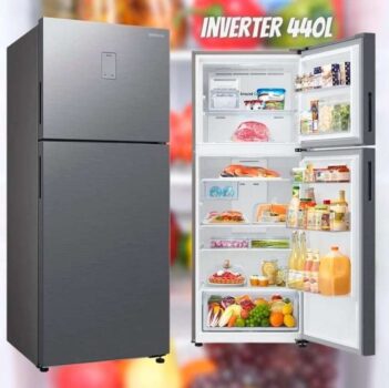 Geladeira Samsung Evolution RT44 com POWERvolt Inverter Duplex 440L Inox Look Bivolt