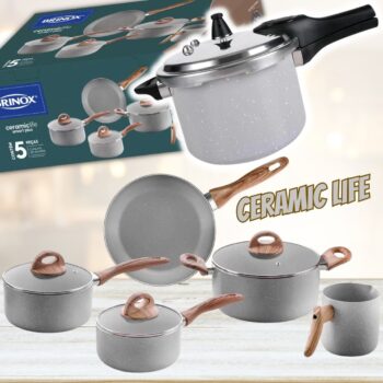 Jogo de Panelas Brinox de Alumínio Cinza 5 Peças - Ceramic Life + Panela de Pressão 4,2L
