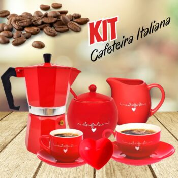 Jogo de Xicaras Café e Chá com Açucareiro Leiteira Cafeteira Italiana e Petisqueira 28 Peças Vermelho
