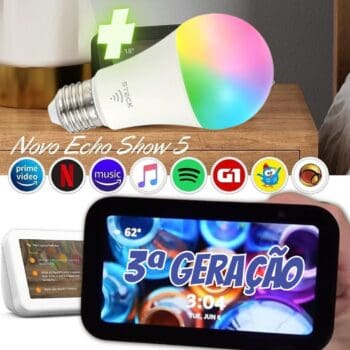 Novo Echo Show 5 (3ª geração - 2023) | Smart display com graves mais potentes e som mais nítido | Cor Preta + Lâmpada Smarteck 12W