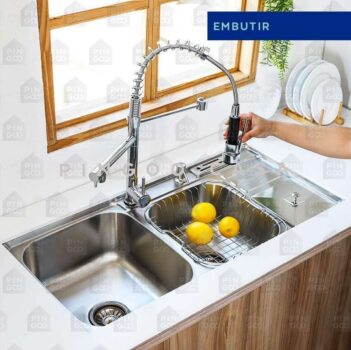 Pingoo.casa Kit Cuba para Cozinha Pia Dupla Nukini em Aço Inox 201 com Acessórios e Lixeira e Torneira Gourmet Misturador Monocomando Munim em Metal