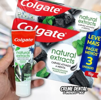 Colgate Creme Dental Vegano Natural Extracts Carvão e Menta, Dentes Mais Brancos, Sem Gluten, Com Flúor, 90g - 3 Unidades