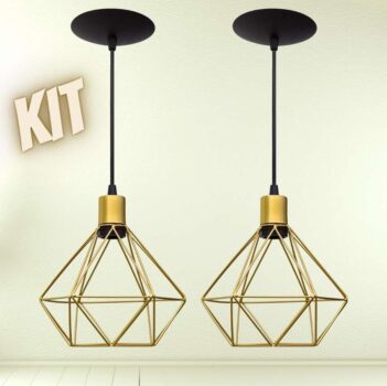 Combo Kit com 2 Pendentes Diamante Aramado Pequeno Dourado Metal 21Cm Luminária Lustre Sala