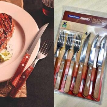 JOGO DE TALHERES PARA CHURRASCO DYNAMIC SORTIDOS COM LAMINAS DE ACO INOX E CABOS DE MADEIRA - 12 PEÇAS