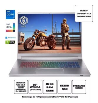 Notebook Predator 72xa I7 12ª W11 Rtx3060 16gb 512gb Ssd 16