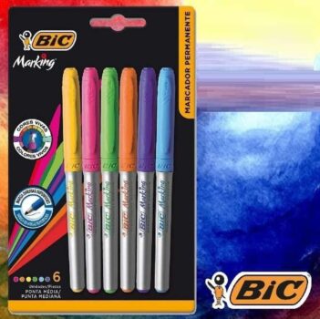 Pincel Marcador Permanente BIC Marking, Color Pastel, Ponta Média, 6 Cores, 891855, 6 Unidades, Tons Pastéis, Superfícies Diversas