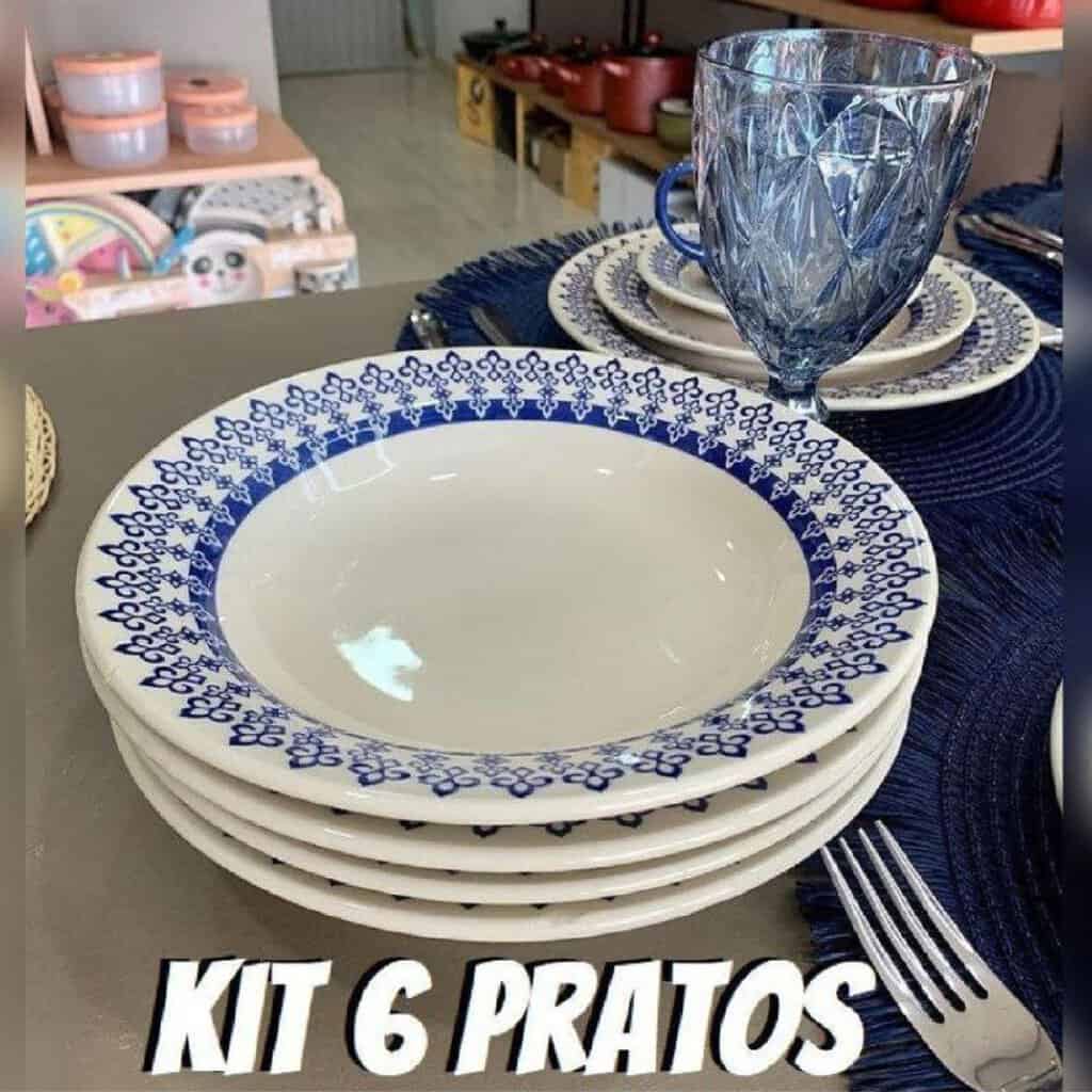 Conjunto com 6 Pratos Fundo Biona Donna Grécia Azul/Marfim 21 cm