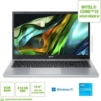 Notebook Acer aspire 3 A315-510P-35D2 Intel core I3 8GB RAM 512GB SSD (UHD) 15.6” LED FULL HD 60Hz Windows 11