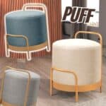 Puff Redondo Bacci em Linho e Base Metal Dourado Agarb Decor