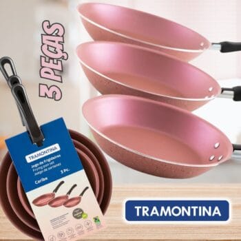 Conjunto de Frigideiras Antiaderente Tramontina de Alumínio Caribe Rosa 3 Peças