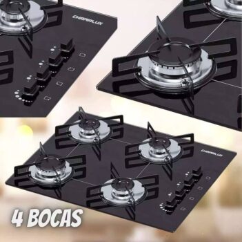 Cooktop 4 bocas Chamalux ultra chama Bivolt Trempe de Chapa Preto
