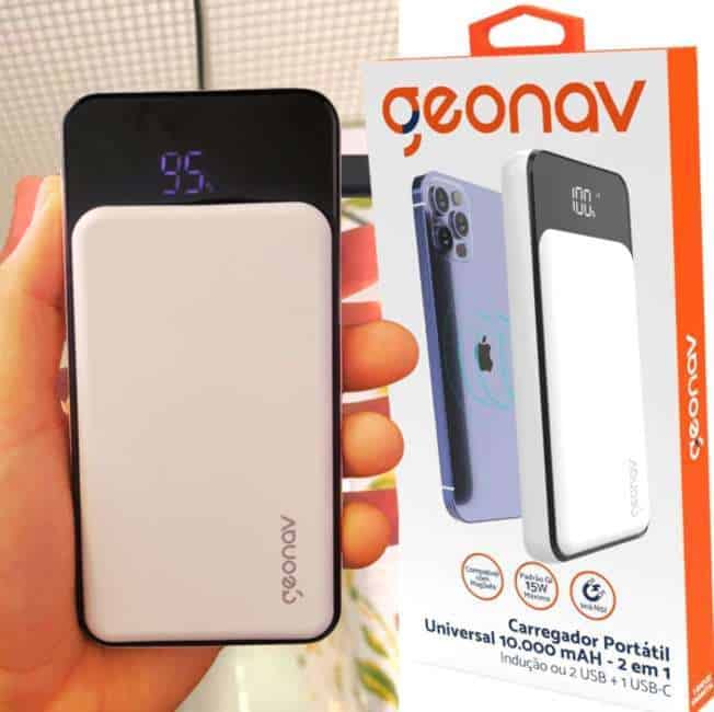 Geonav Carregador Portátil por Indução 10.000 mAh, 2 portas USB com Quick Charge (até 18W) e 1 porta USB-C com Power Delivery de 20W para carregamento rápido, PB10KINDWT, Branco