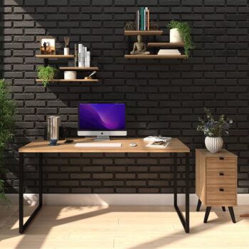 Mesa Escrivaninha Industrial Diretor Ferro E Madeira Vintage 150x60cm Estilo Nórdico Madeirado Com Preto E-led