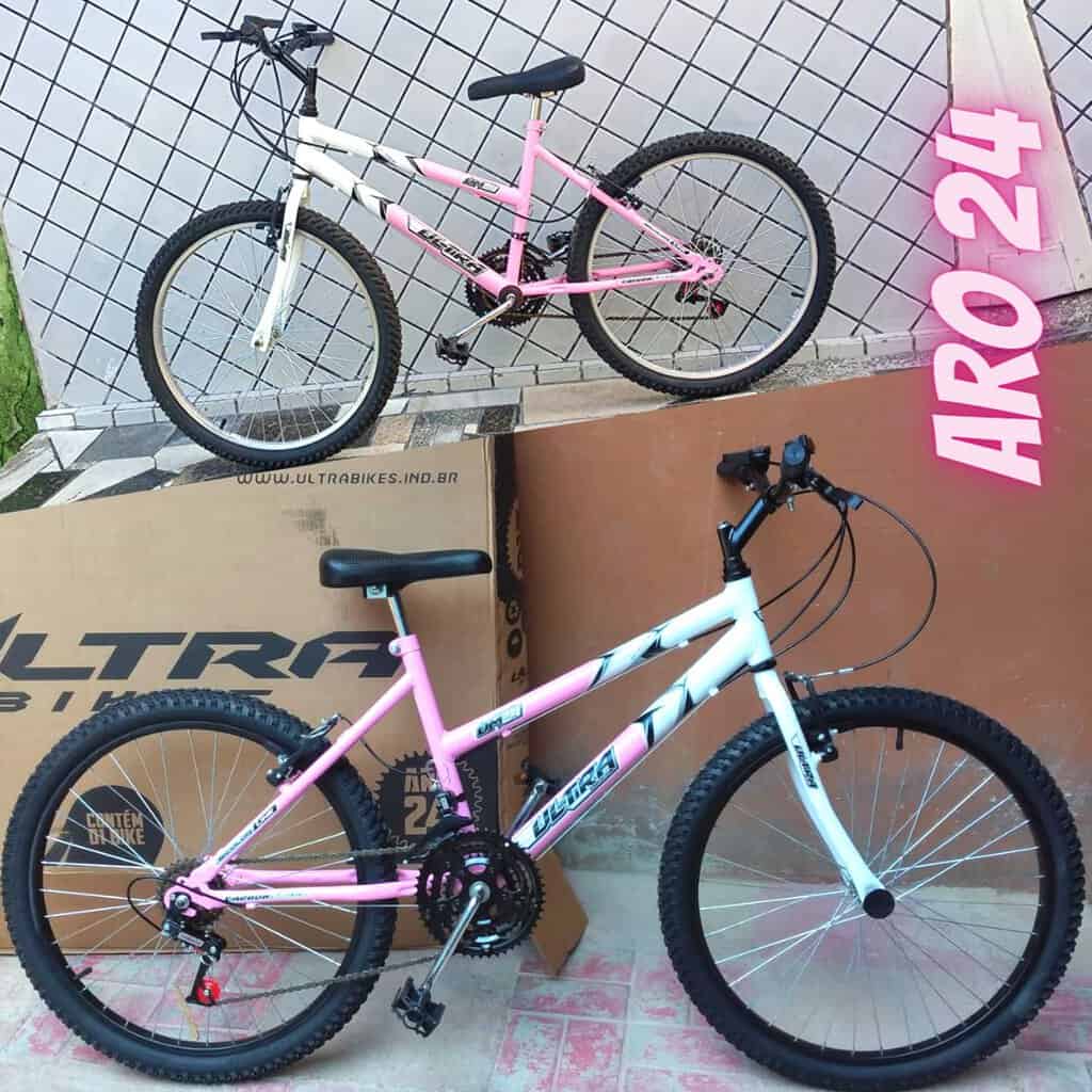 Bicicleta de Passeio Ultra Bikes Esporte Bicolor Aro 24 Reforçada Freio V-Brake – 18 Marchas Feminina Rosa Bebê/Branco