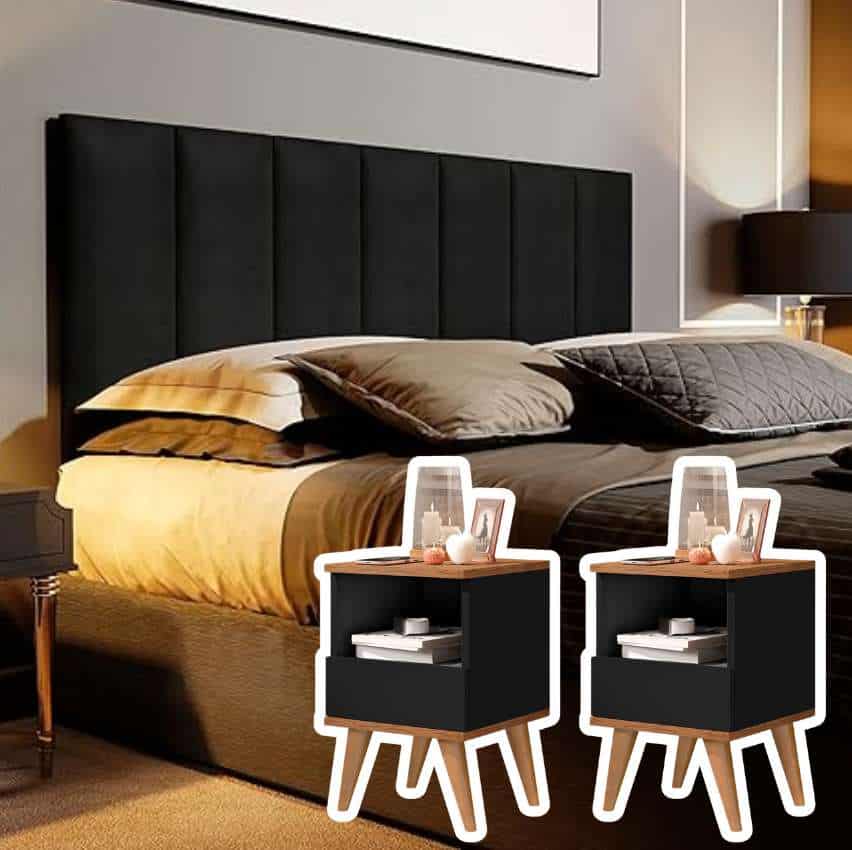 Conjunto Quarto Mesas De Cabeceira Pix Com Painel de Cabeceira De Cama 1,60 Preto/Freijó