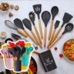 Kit 12 Peças Utensílios De Cozinha Em Silicone Cabo Madeira