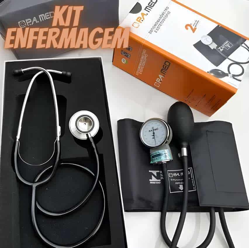 Kit Enfermagem Acadêmico Preto Estetoscópio Esfigmo Ap de Pressão Com Bolsa P.A Med 2 Anos de Garantia