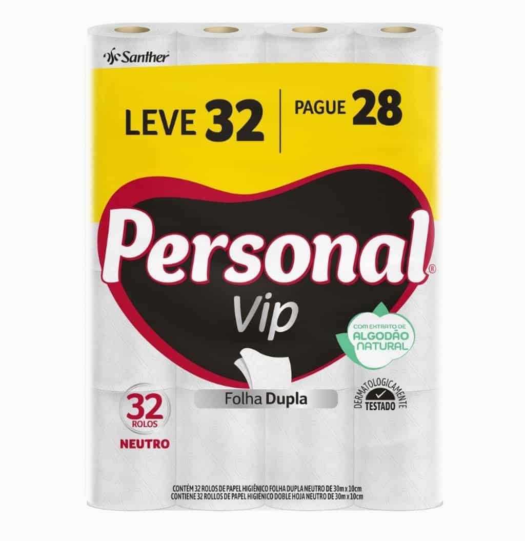 Personal Papel Higiênico VIP, Folha Dupla, 32 rolos de 30M