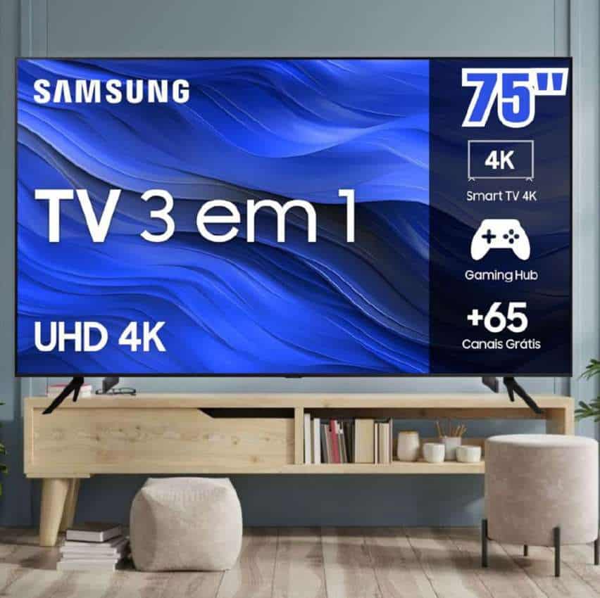 Smart TV Samsung 75" UHD 4K 75CU7700 2023, Processador Crystal 4K, Gaming Hub Tela sem Limites