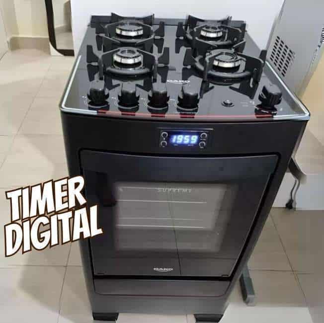 Fogão 4 Bocas Preto com Mesa de Vidro e Timer Digital Dako Supreme Black Glass 127V/220V 60 Litros