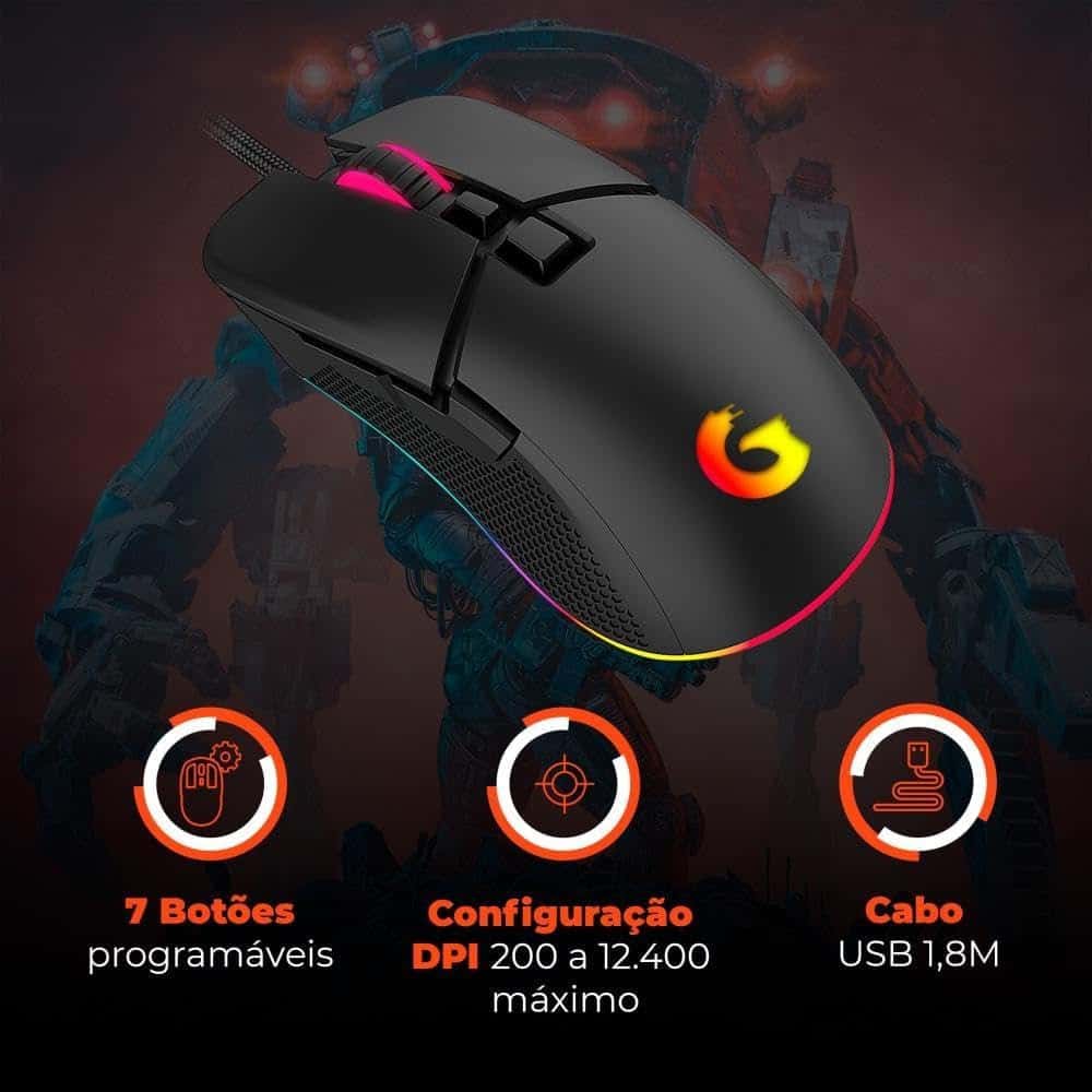 Geonav Mouse Gamer Ghost Light GOOD GAME, 7 Botões, Sensor Óptico Pixar 3327, com DPI de até 12.400, LED RGB 11 efeitos programáveis, G3MS02BK, Preto