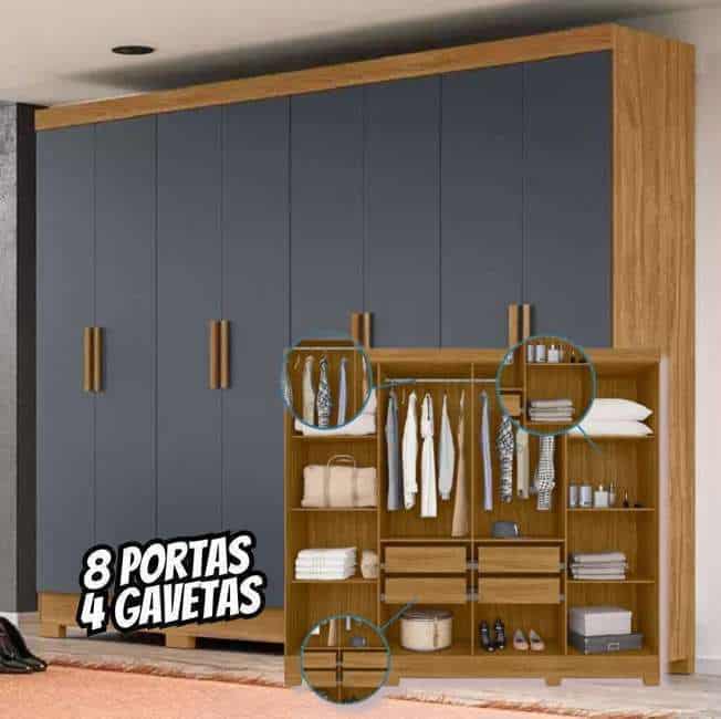 Guarda Roupa Casal 8 Portas 9110 Freijo Cinza Moval Cor Cinza-escuro