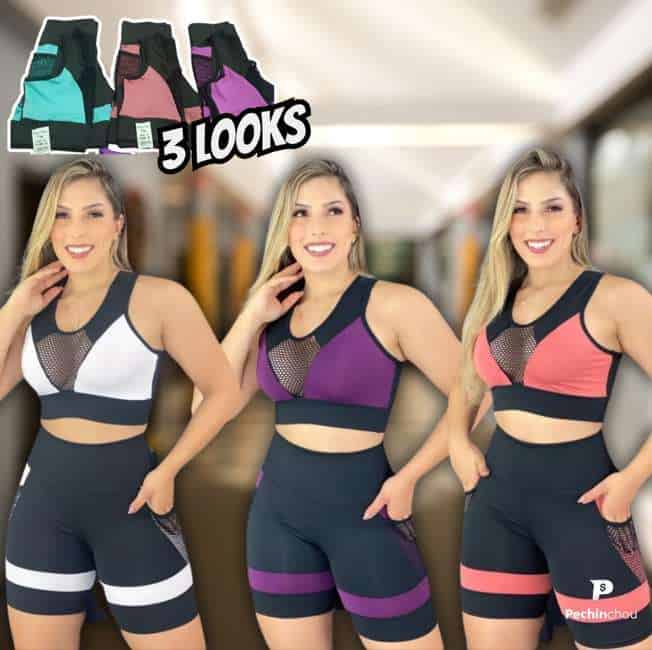 Kit 3 Conjuntos Academia Short E Top Treino Caminhada Fit