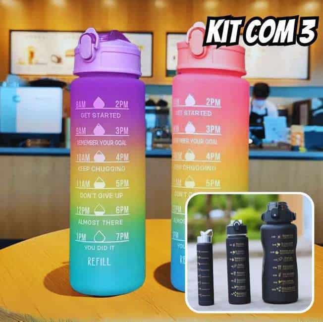 Kit Garrafa Motivacional Água Alça Adesivo 3d 1l 2l Squeeze