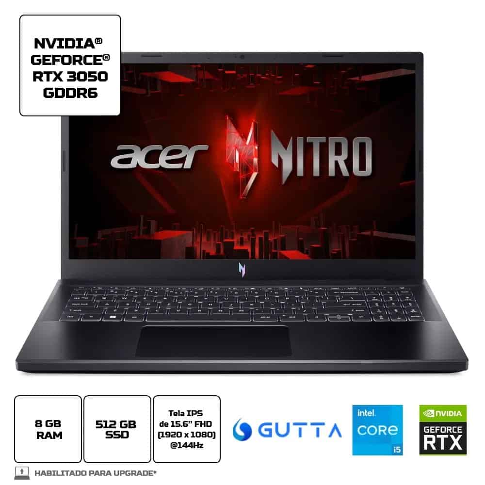 Notebook Gamer Acer Nitro V15 ANV15-51-57WS i5 13ªGen Linux Gutta 8GB 512GB SSD RTX3050 15.6' FHD Notebook Gamer
