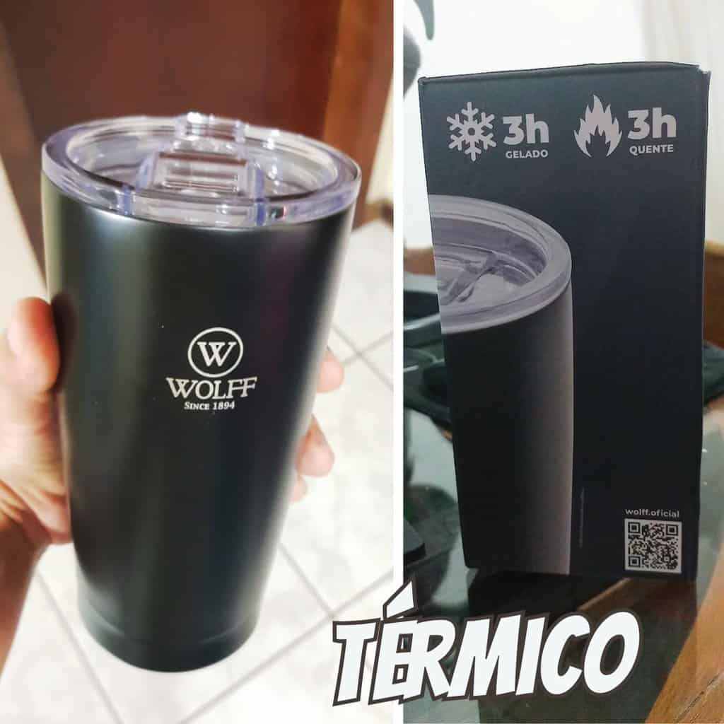 WOLFF Copo Térmico de Aço Inox Parede Dupla Com Tampa 600ml Preto - Itens Para Viagem - Mantém a Bebida na Temperatura Ideal