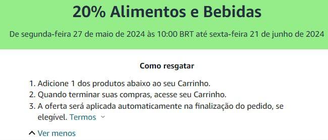 Amazon com 20% de desconto em Alimentos e Bebidas de produtos no Link!