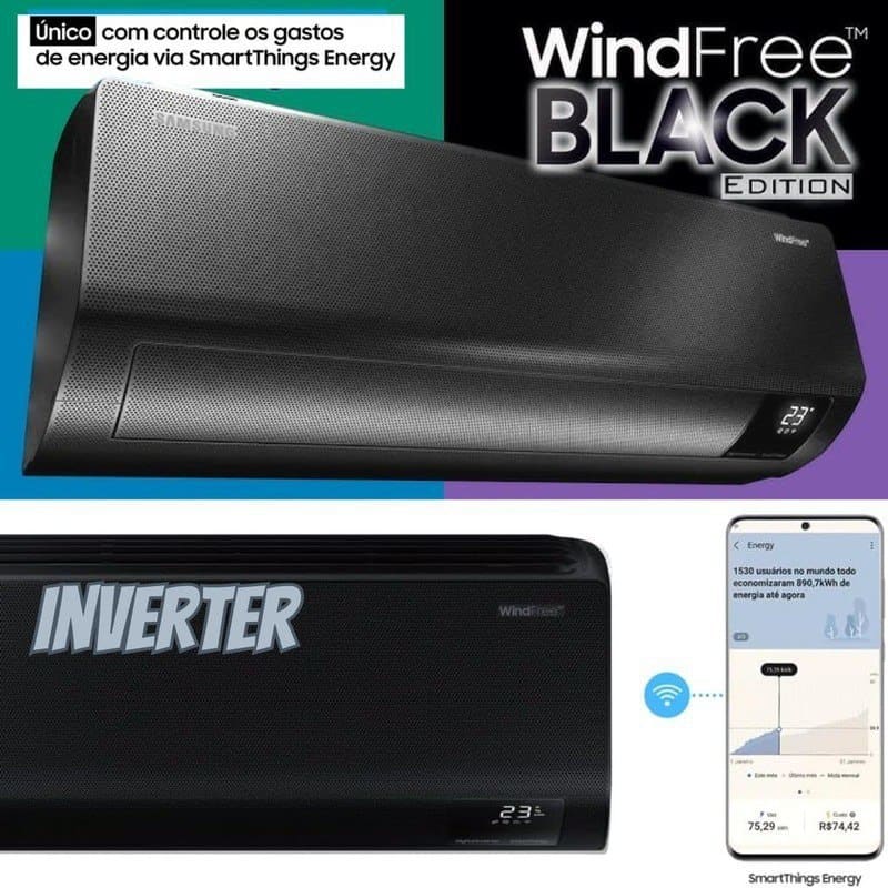 Ar-condicionado Split Inverter Samsung WindFree Black Edition Sem Vento 18.000 BTUs Frio AR18CVFCABTNAZ 220V