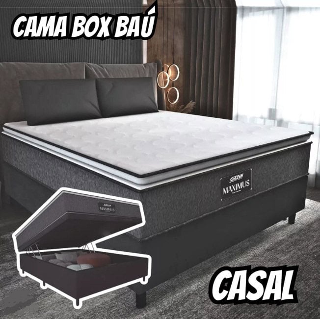 Cama Box Baú Casal Colchão Molas Maximus 138cm Cinza/preto