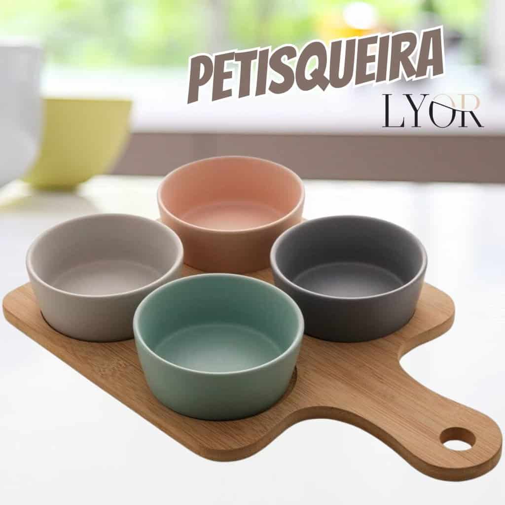 Conjunto de Petisqueira com Bandeja de Bambu e 4 Potes de Cerâmica 21cm x 31cm - Lyor