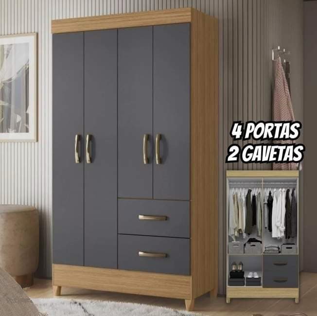 Guarda Roupas Solteiro 4 Portas Mobi Albatroz Cor Nature Titanium