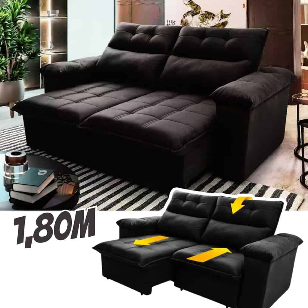 Sofá Retrátil/reclinável Verona 1,80m Velut Preto C/ Molas