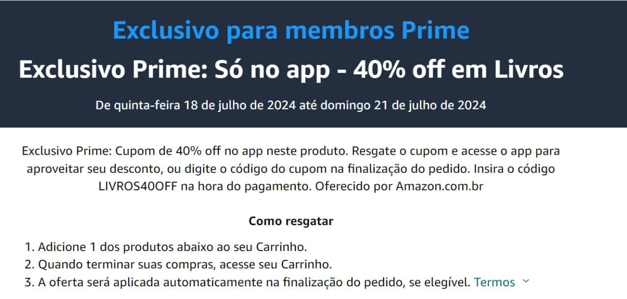 Exclusivo Prime: Só no app - 40% off em Livros