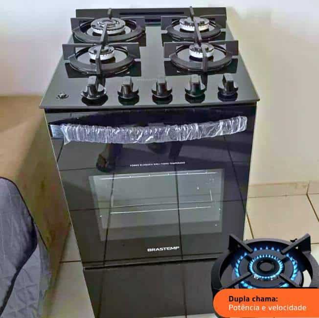 Fogão Brastemp 4 Bocas Preto Com Mesa De Vidro E Dupla Chama BIVOLT