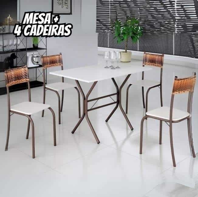 Jogo Mesa Jantar Cozinha Retangular 4 Cadeiras Ferro Resistente C/ Assento Cor Marrom Ps Móveis