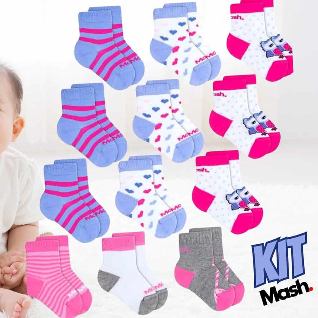 Kit 12 Pares Meias Bebê Menina Mash Infantil Recém Nascido Criança Cano Médio