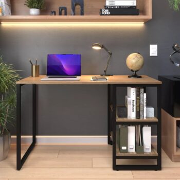 Mesa Escrivaninha Com 2 Prateleiras Industrial Ferro E Madeira Vintade Nórdico Marca E-led DRLO20 Cor Laminada Com Preto