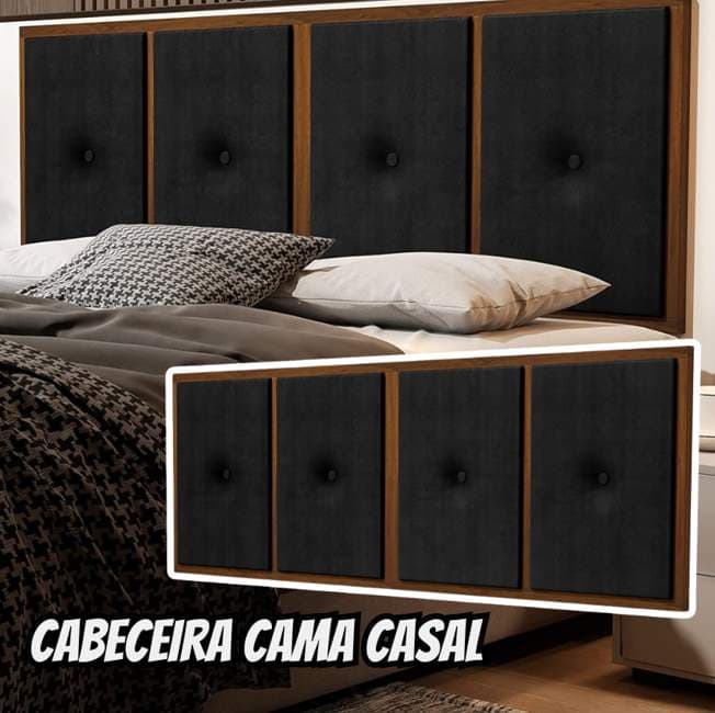 Painel Cabeceira Cama Casal 1,40 Madeira Suede Preto - JM Casa dos Móveis