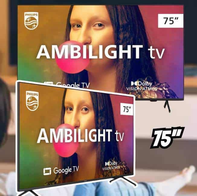 Smart TV Philips Ambilight 75" 4K 75PUG7908/78, Google TV, Comando de Voz, Dolby Vision/Atmos, VRR/ALLM, Bluetooth