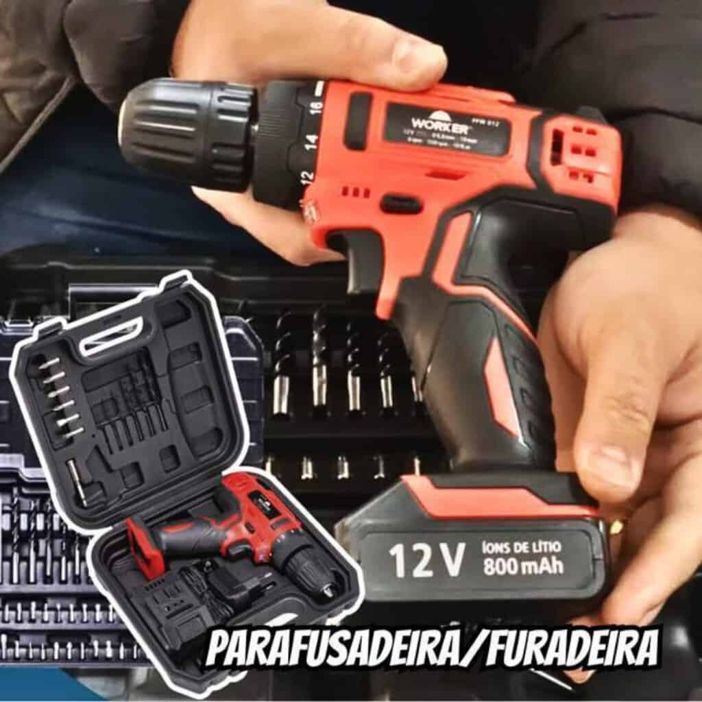 Worker Parafusadeira E Furadeira A Bateria Li-Ion 12V PFW 012 Sem Fio com Carregador Bivolt e Maleta com Kit De 13 Acessórios