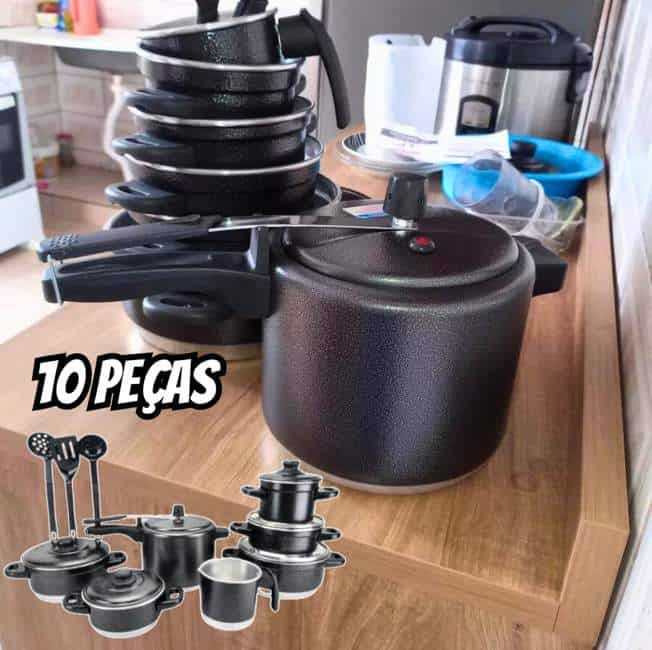 Jogo De Panelas + Panela De Pressão 4.5l + Espátulas Preto