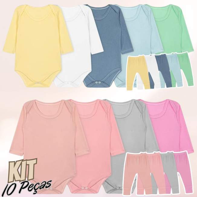 Kit 10 Peças Body Bebê Manga Longa e Calça Canelado Menina