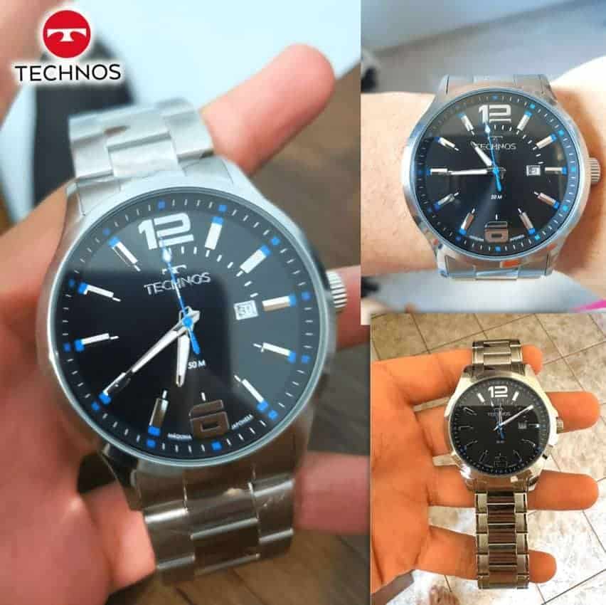 Relógio Technos Masculino 2115gu/1a Detalhe Azul Ou Vermelho Cor da correia Prata Cor do bisel Prata Cor do fundo Preto com Azul